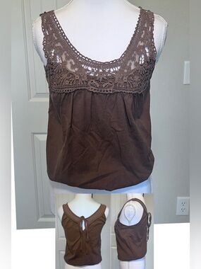 Vintage 579 Brown Crochet Yoke Tank Camisole Tie Back Elastic Waist PTP 15” XS/S